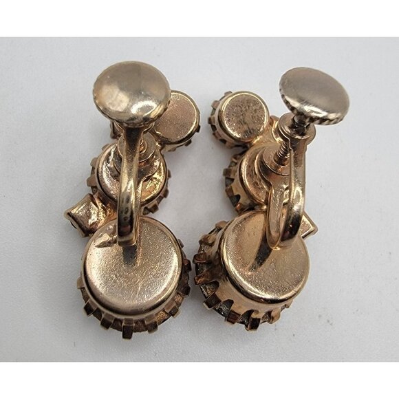 Vintage Dark Amber Three Gemstone Screw‎ Back Earrings - Picture 3 of 4